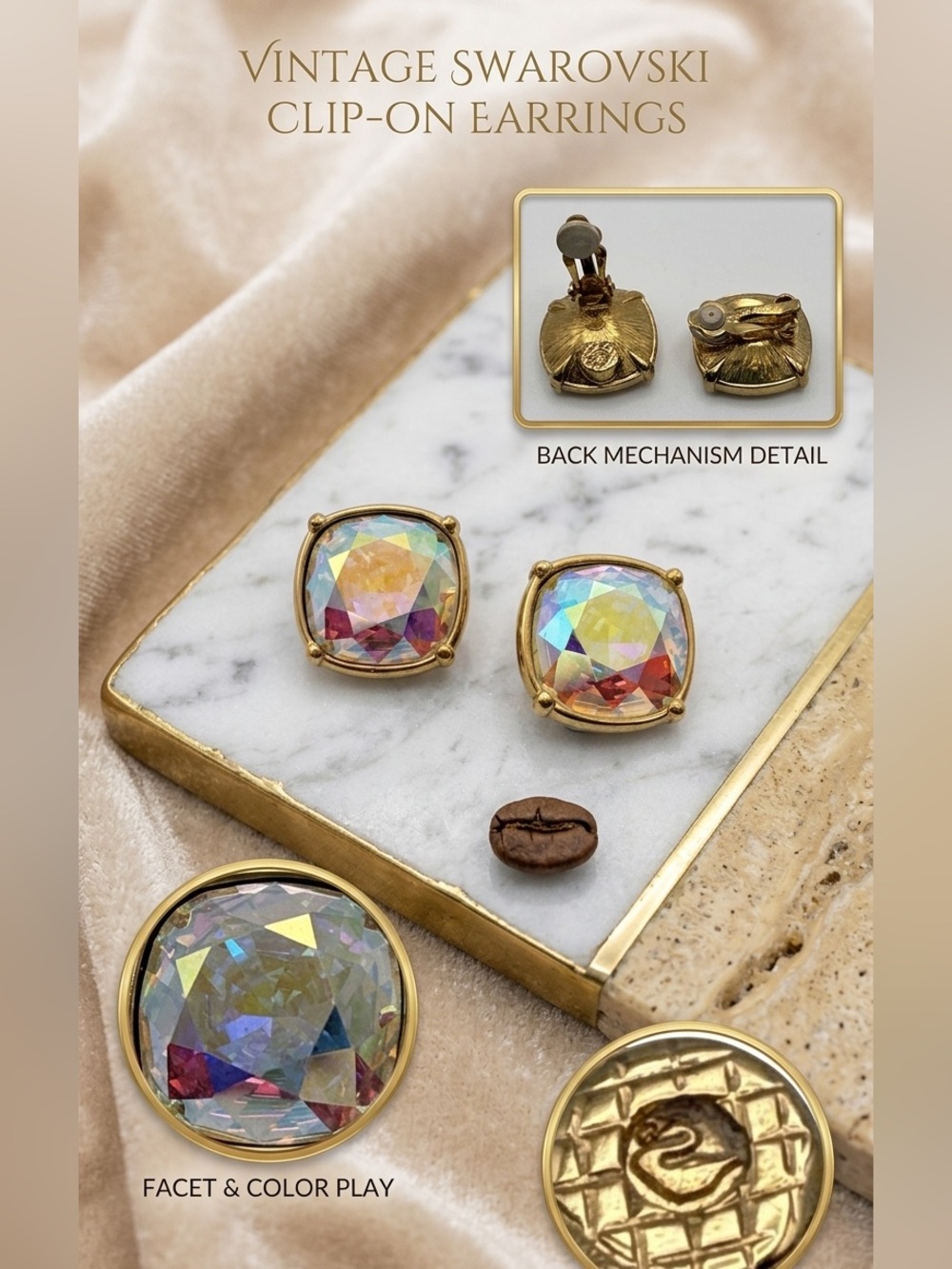 Swarovski One Size Iridescent Gold Tone Clip On Earrings 1787
